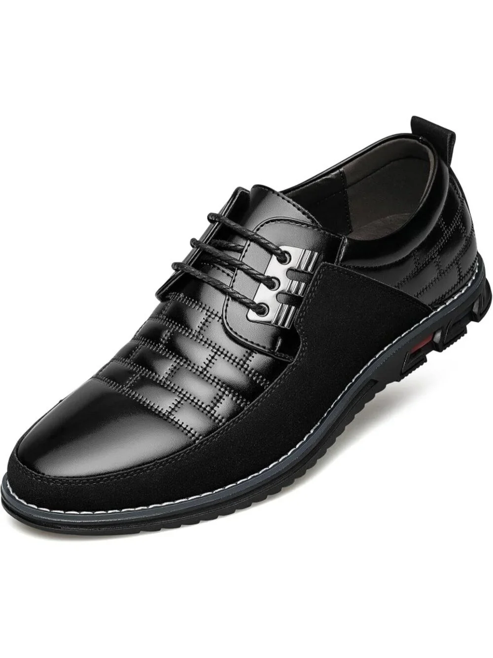 Men's Black Plaid Embossed Grid Leather Comfortable Hybrid Oxford Dress Sneakers